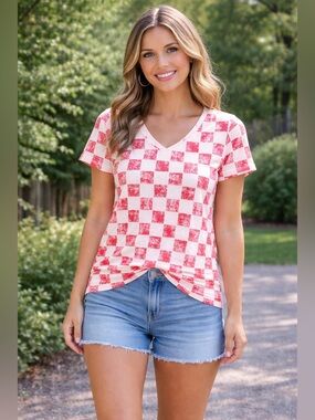 LuLaRoe Red Checkered Christy T Shirt